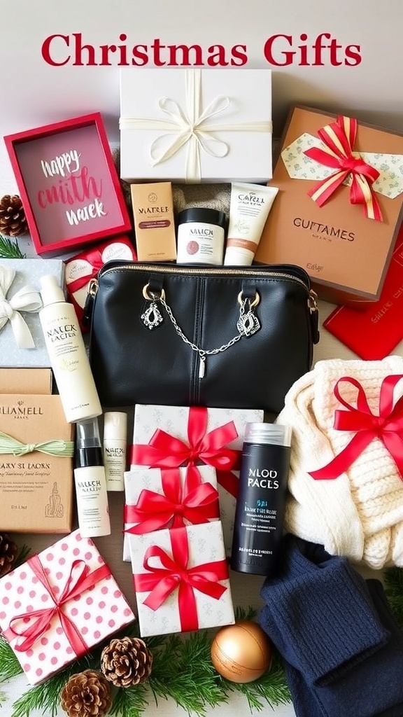 A collection of Christmas gifts for women including jewelry, skincare, and clothing, beautifully wrapped and decorated.